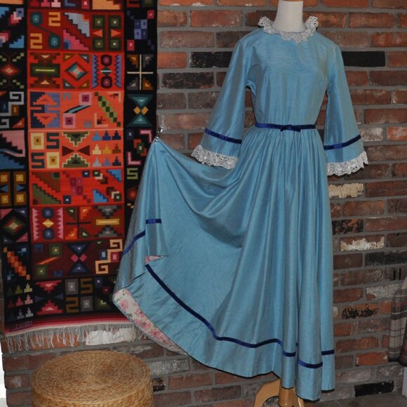 Vintage 60s Blue Raw Silk Handmade Grad Prom Maiden Costume Dress Gown XS W24" - Picture 8 of 10